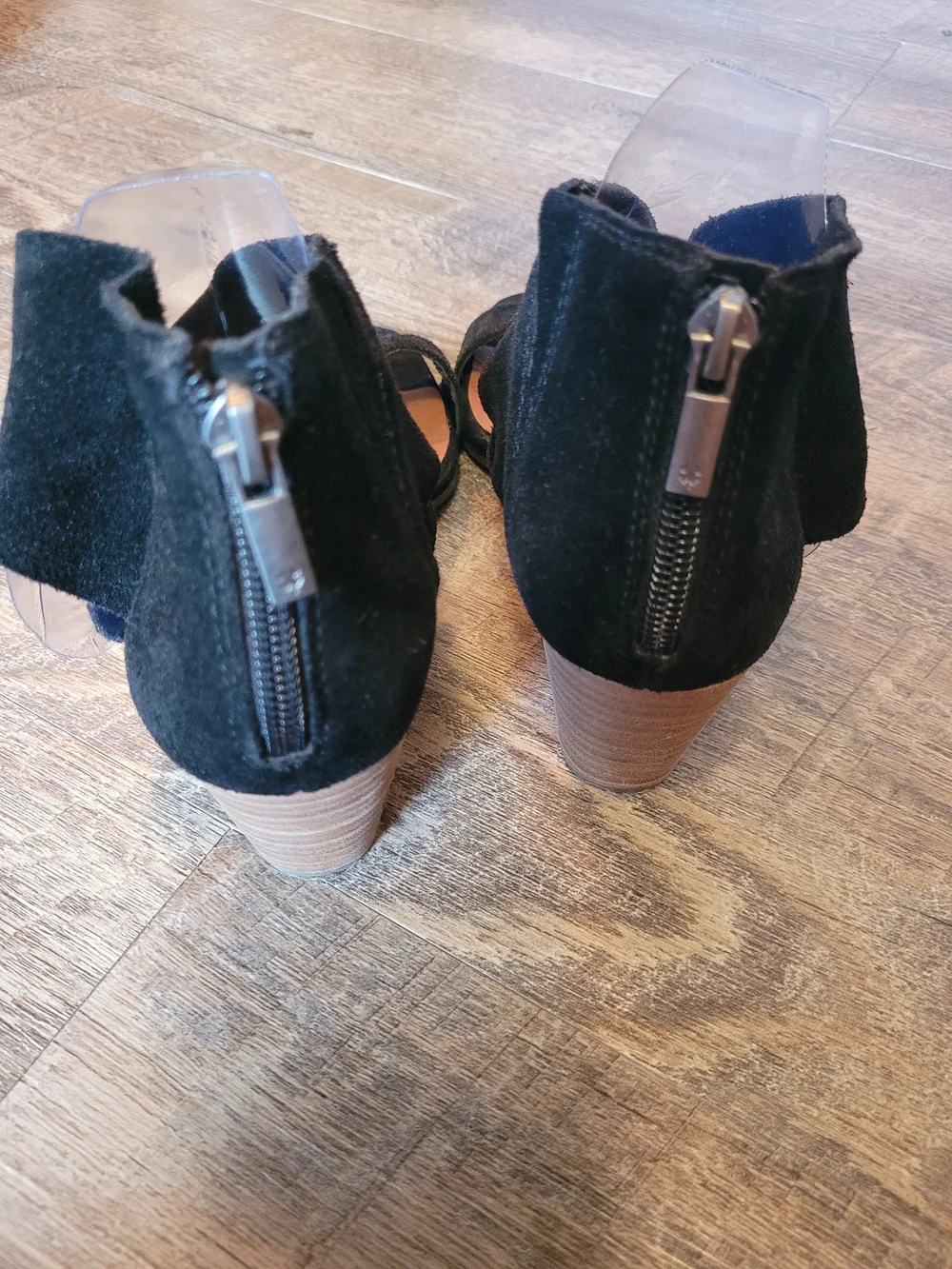 Black Suede Lucky Brand Size 5.5 Back Zip Wood Wedge Twist Slide Sandals Shoes